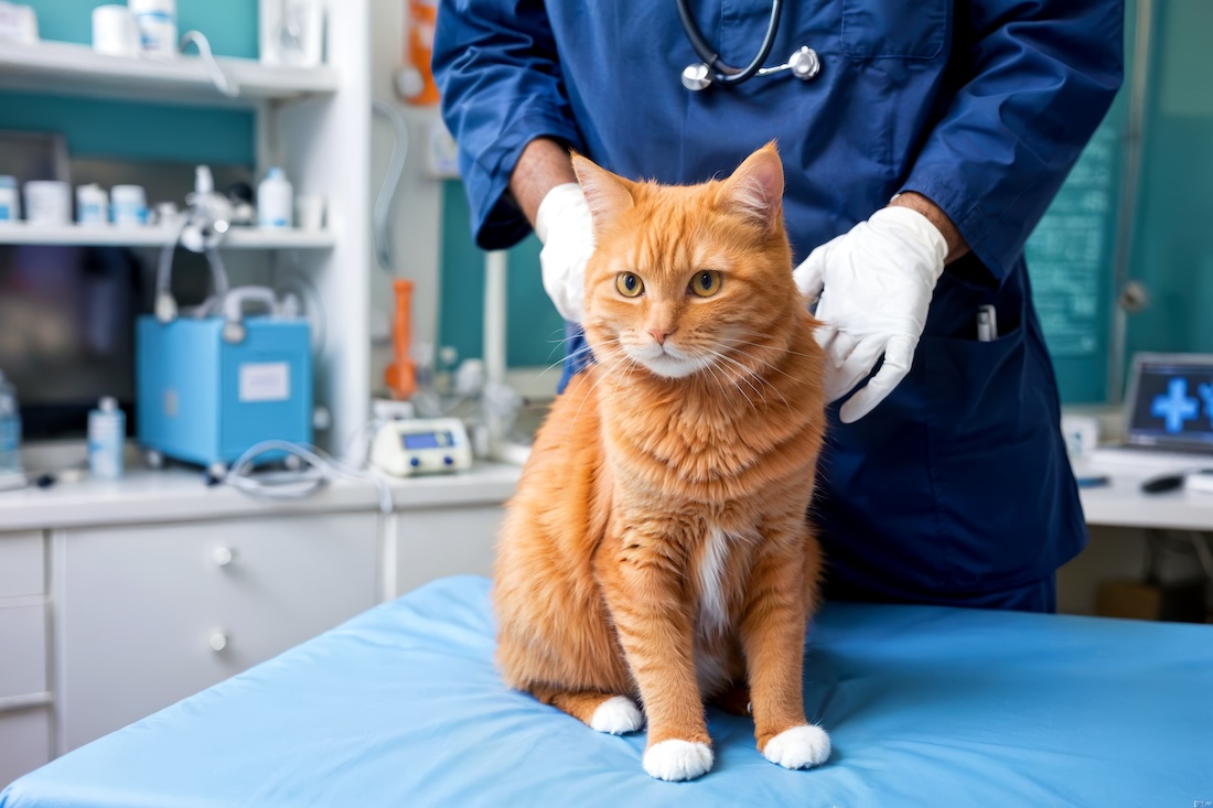 Veterinarian Conducting Health Check on Orange Cat on Exam Table