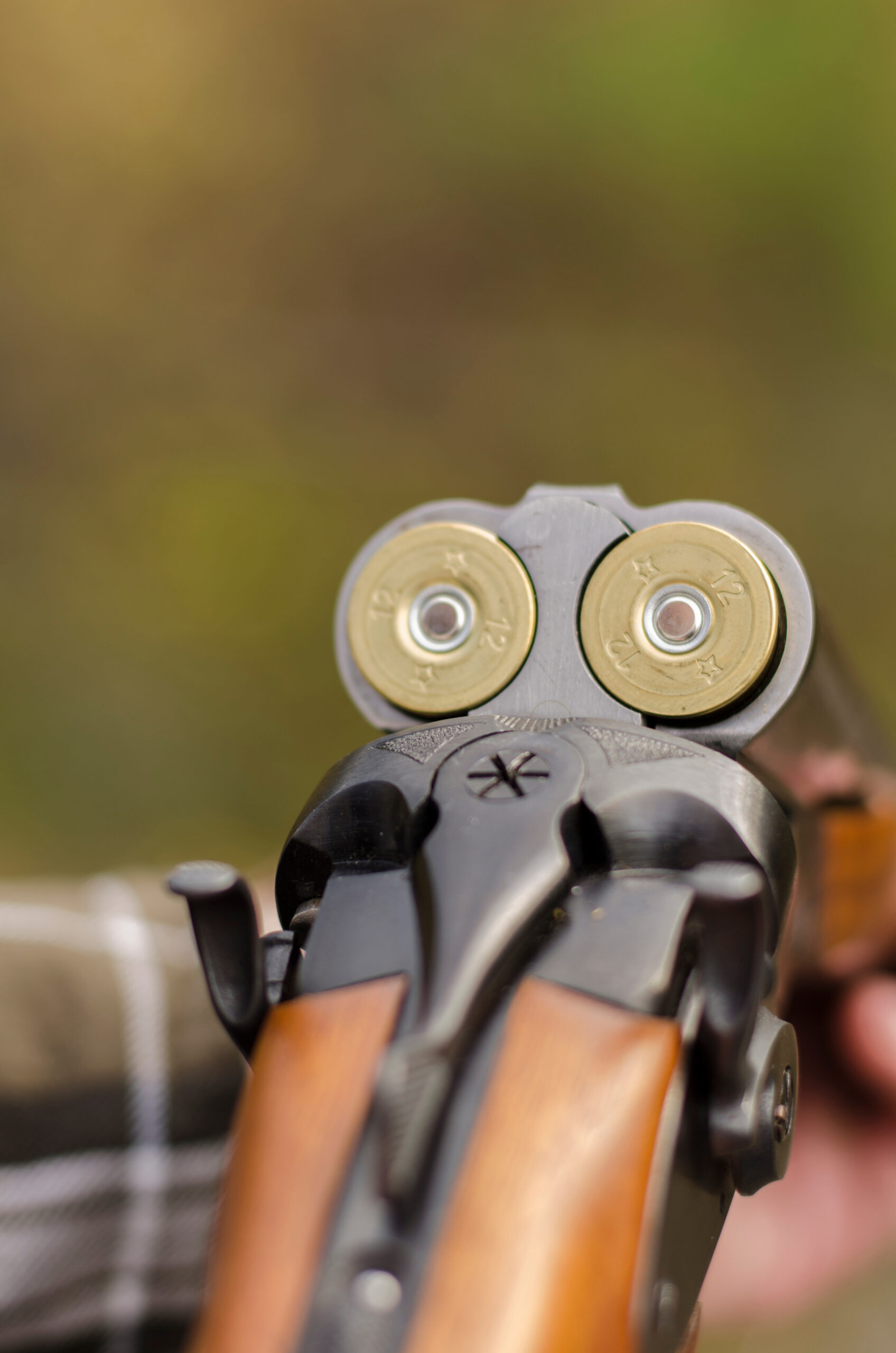 The twelve-gauge two-barrelled loaded coachgun in man's hands