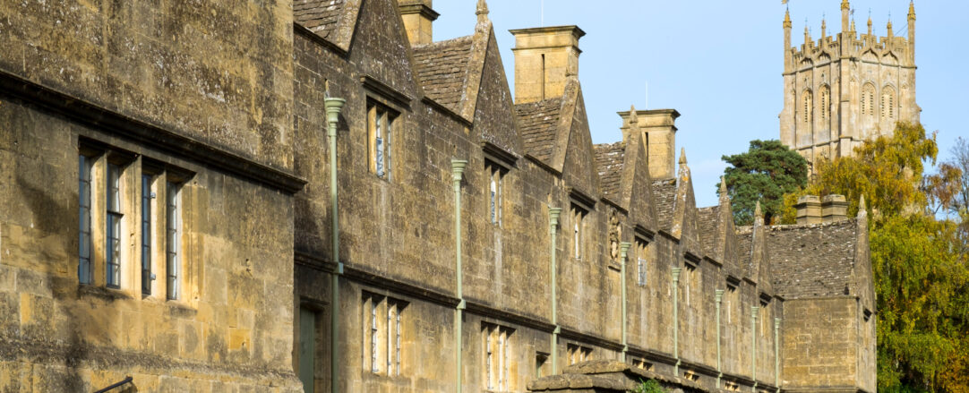 Autumn sunshine on the picturesque row of almshouses in Chipping Campden, a Cotswolds travel destination, Gloucestershire, UK Autumn sunshine on the picturesque row of almshouses in Chipping Campden, a Cotswolds travel destination, Gloucestershire, UK