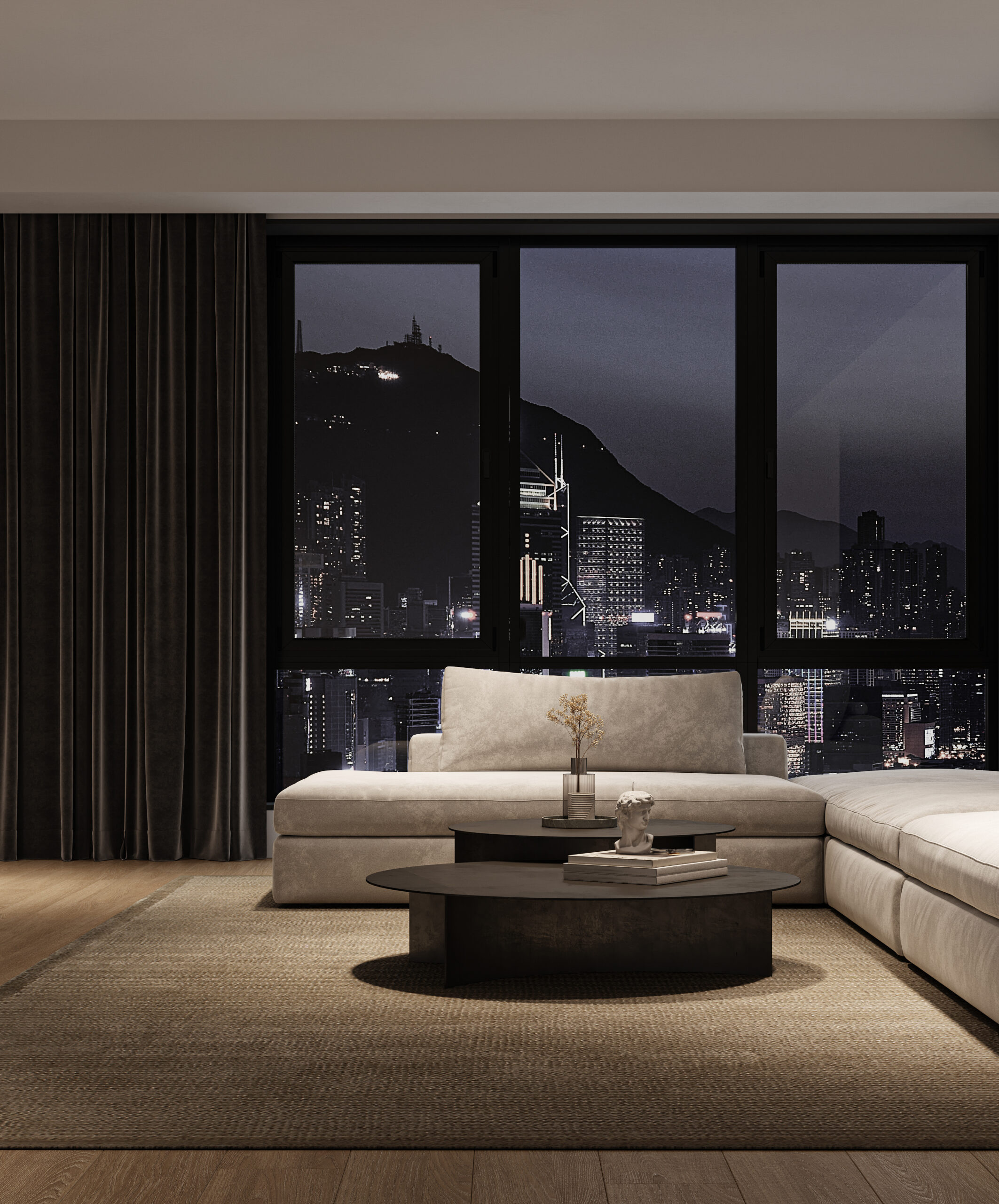 Modern luxury minimalist interior livingroom with large modular sofa, panoramic windows and city view with night lighting. 3d rendering. High quality 3d illustration